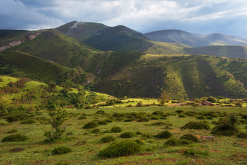 Valley landscape with rays of sunlight in La Rioja, Spain.