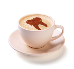 Cup of coffee with tooth on foam. Coffee spoils