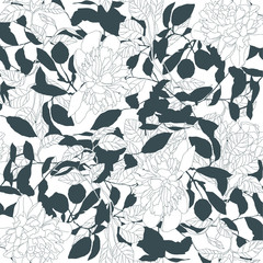 Peonies and leaves. Linear monochrome pattern in Chinese style for printing, fabric, textile, manufacturing, wallpapers.