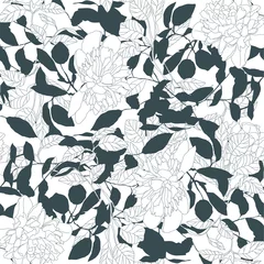 Cercles muraux Style japonais Pivoines et feuilles. Motif monochrome linéaire de style chinois pour l& 39 impression, le tissu, le textile, la fabrication, les papiers peints.