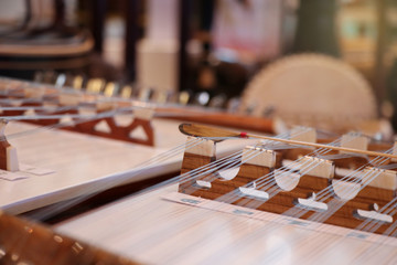 Closed up Dulcimer Thai music sound the string instrument focus blurred