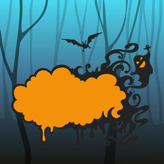 Halloween background.Spooky forest with frame for text, bats flying and ghost