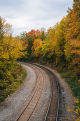 Fototapeta premium Fall color and railroad tracks in Remington, Baltimore, Maryland