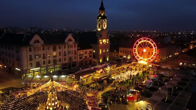 Areal view over the iconic Christmas Market of Oradea, Romania. The view has a beautiful light-show an awesome architecture. Great Christmas vibe
