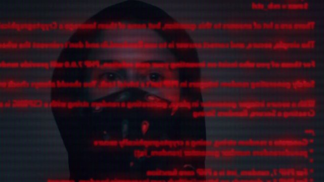 Here you have a treated shot with special effects of red code on screen, low angle of hacker in the background, quickly hacking, eyes shifting back and forth, reading and writing code.