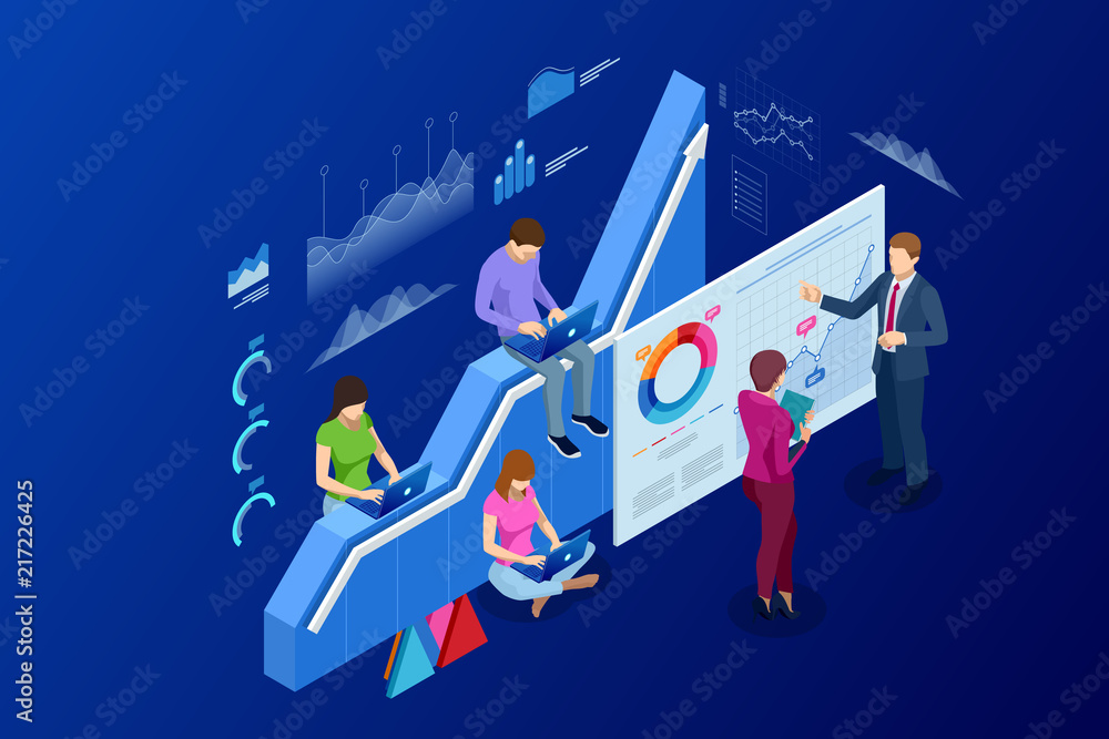 Poster isometric web banner data analisis and statistics concept. vector illustration business analytics, d