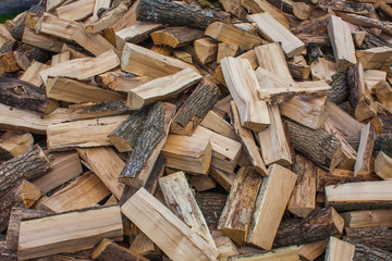 Woodpile of chopped lumber. Pile of wood logs. Stacked firewood timber
