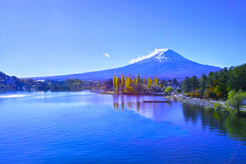 Naklejka premium 河口湖大橋から見た紅葉シーズンの河口湖大池公園と富士山 