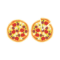 Pizza and slice of pizza cartoon clipart. Colorful pizza vector illustration.