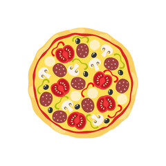 Pizza with salami tomatoes and mushrooms cartoon clipart. Colorful pizza vector illustration.