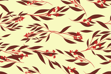 Autumn Seamless Pattern with Eucalyptus Leaves. Foliage Natural Branches. Decorative Background in Vintage Style. Seamless Eucalyptus Pattern for Fabric, Textile, Wrapping Paper, Cloth, Dress, Print.