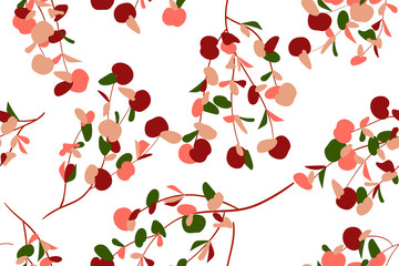 Autumn Seamless Pattern with Eucalyptus Leaves. Foliage Natural Branches. Decorative Background in Vintage Style. Seamless Eucalyptus Pattern for Fabric, Textile, Wrapping Paper, Cloth, Dress, Print.