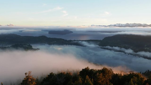 Nahuel Huapi Lake at sunrise, seen from Cerro Campanario, Nahuel Huapi National Park, Rio Negro Province, Argentina