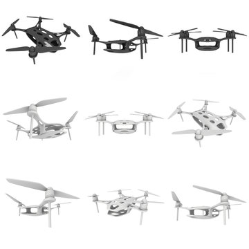 Remote control air drone set. Dron flying. 3d render isolated on white