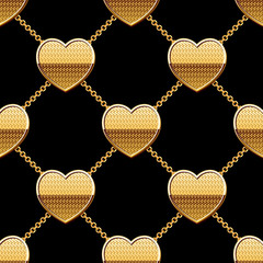 Seamless pattern with golden chains and pendants on black background. Vector Illustration