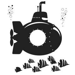 Silhouette Submarine undersea boat with fishes. Vector