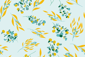 Fototapeta premium Floral Seamless Pattern in Pastel Color Design. Vector Eucalyptus Leaves and Beautiful Blossom Elements. Botanical Summer Background. Floral Seamless Pattern for Wedding Design, Print, Textile, Fabric