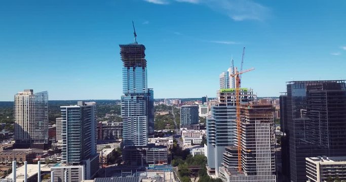 Austin Texas downtown buildings skyline from drone strafe (moving sideways).