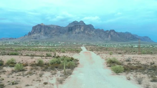 A zooming in shot of the Superstition Mountains.