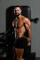 Fototapeta na wymiar Bodybuilder Performing Side Triceps Pose