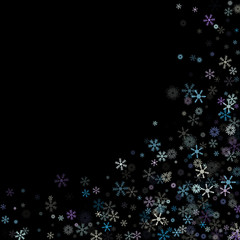 Falling down snow confetti, snowflake vector border. Festive winter, Christmas, New Year sale background. Cold weather, winter storm, scatter texture. Hipster snowfall falling snowflakes cool confetti