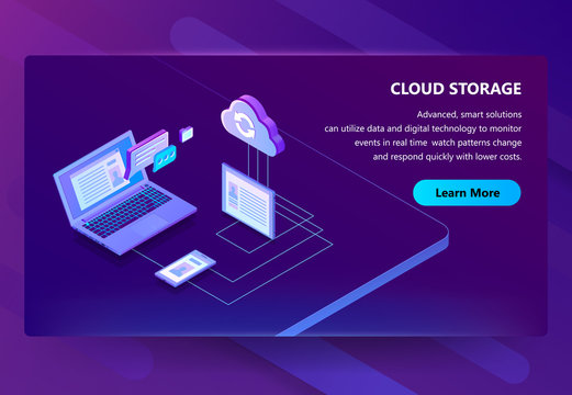 Cloud storage vector illustration of internet data sharing technology. Isometric user multimedia synchronization in computer or digital tablet and smartphone devices on purple ultra violet background