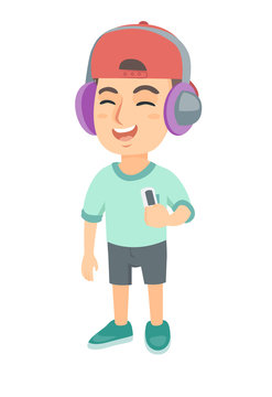 Caucasian boy enjoying music in headphones. Little boy in earphones listening to music with a music player. Vector sketch cartoon illustration isolated on white background.