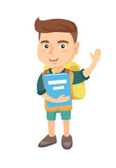 Happy caucasian schoolboy holding a book and waving his hand. Full length of smiling schoolboy making greeting gesture - waving hand. Vector sketch cartoon illustration isolated on white background.