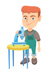 Happy little caucasian schoolboy conducting experiment with a microscope. Smiling schoolboy standing near a microscope. Vector sketch cartoon illustration isolated on white background.