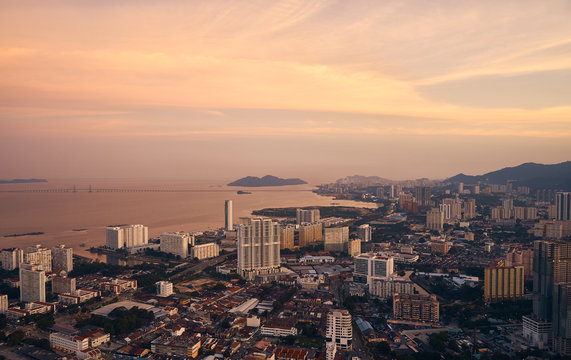 Panorama of city George Town, Malaysia on sunset bacground       
