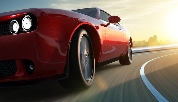 Closeup front and low angle view of a generic red brandless American muscle car in a city street road  with motion blur . Transportation concept . 3D Rendering . Mixed media .