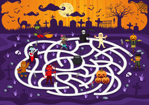 Fun Educational Scary Graveyard Character Theme Maze Puzzle Games For Children Illustration