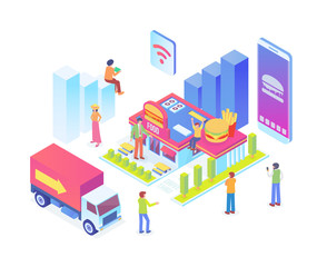 Modern Isometric Smart Food Restaurant Delivery Logistic System Illustration in White Isolated Background