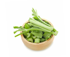 Fresh celery stalks on a white background