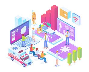 Modern Isometric Smart Health Care Hospital Network Technology Illustration in White Isolated Background