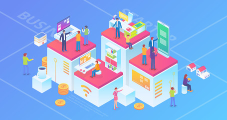 Ultra HD Resolution Technology Startup Company Isometric Composition Background With People and Digital Related Asset Illustration