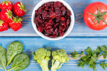 Fresh fruits and vegetables containing vitamin C, concept of strengthening immunity and healthy food