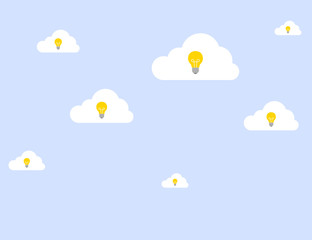Set of ideas with a light bulb on clouds
