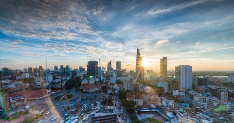 Royalty high quality free stock image aerial view of Ho Chi Minh city, Vietnam. Beauty skyscrapers along river light smooth down urban development in Ho Chi Minh City, Vietnam.