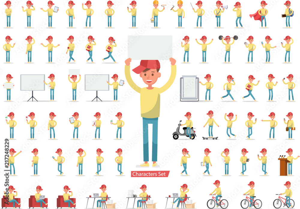 Poster set of men character vector design. presentation in various action with emotions, running, standing,