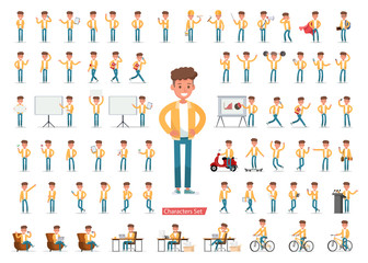 Set of men character vector design. Presentation in various action with emotions, running, standing, walking and working. no5