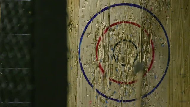 Throwing Felling Axe And Hitting Wood Target In Slow Motion