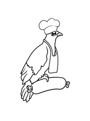 jagen grillen essen hunger wurst würstchen koch schürze chef küche kochmütze süß niedlich comic cartoon gesicht rabe sitzend adler falke taube vogel fliegen clipart