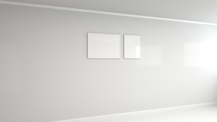 Blank white poster in white frame on the wall