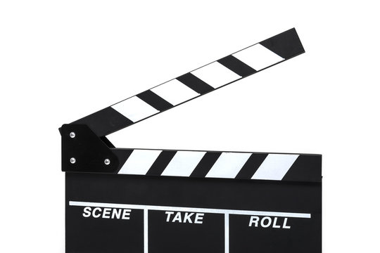 clapper board closeup isolated white.