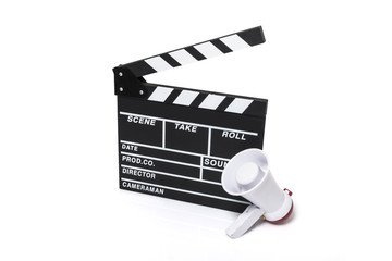 electric megaphone with clapper board isolated white.