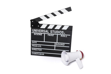 electric megaphone with clapper board isolated white.