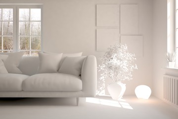 White room with sofa. Scandinavian interior design. 3D illustration