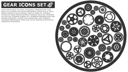 Simple flat style icons vector illustration. Set of gears with the same tooth size and degree. Easy to connect to each others within the set.