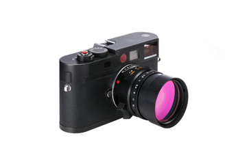 Fototapeta premium vintage rf camera front side isolated white.